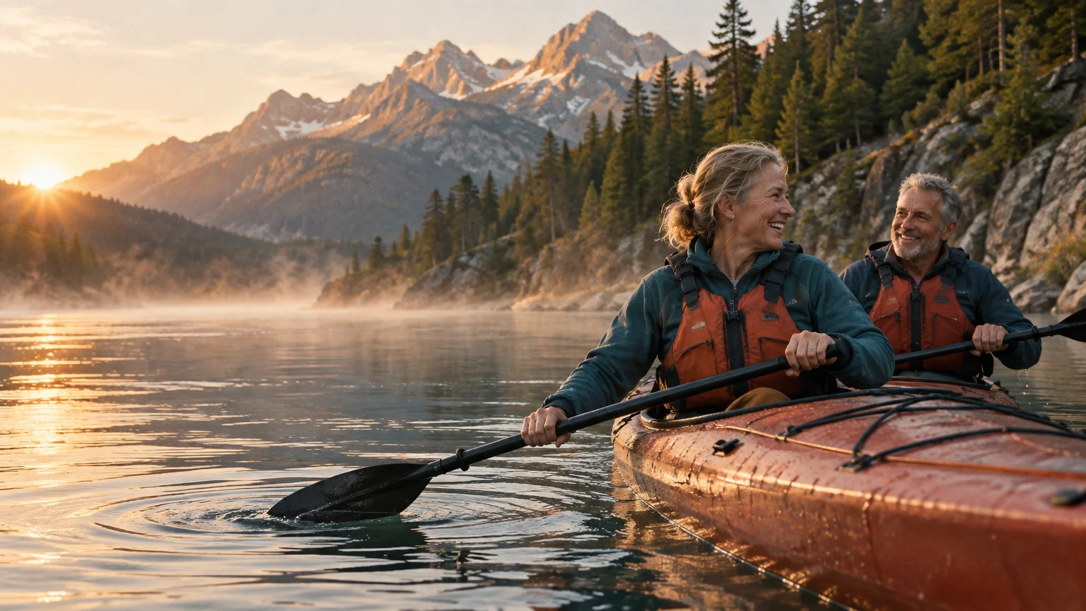 An older man and woman in life jackets smile while paddling kayaks on a mountain lake at sunrise.