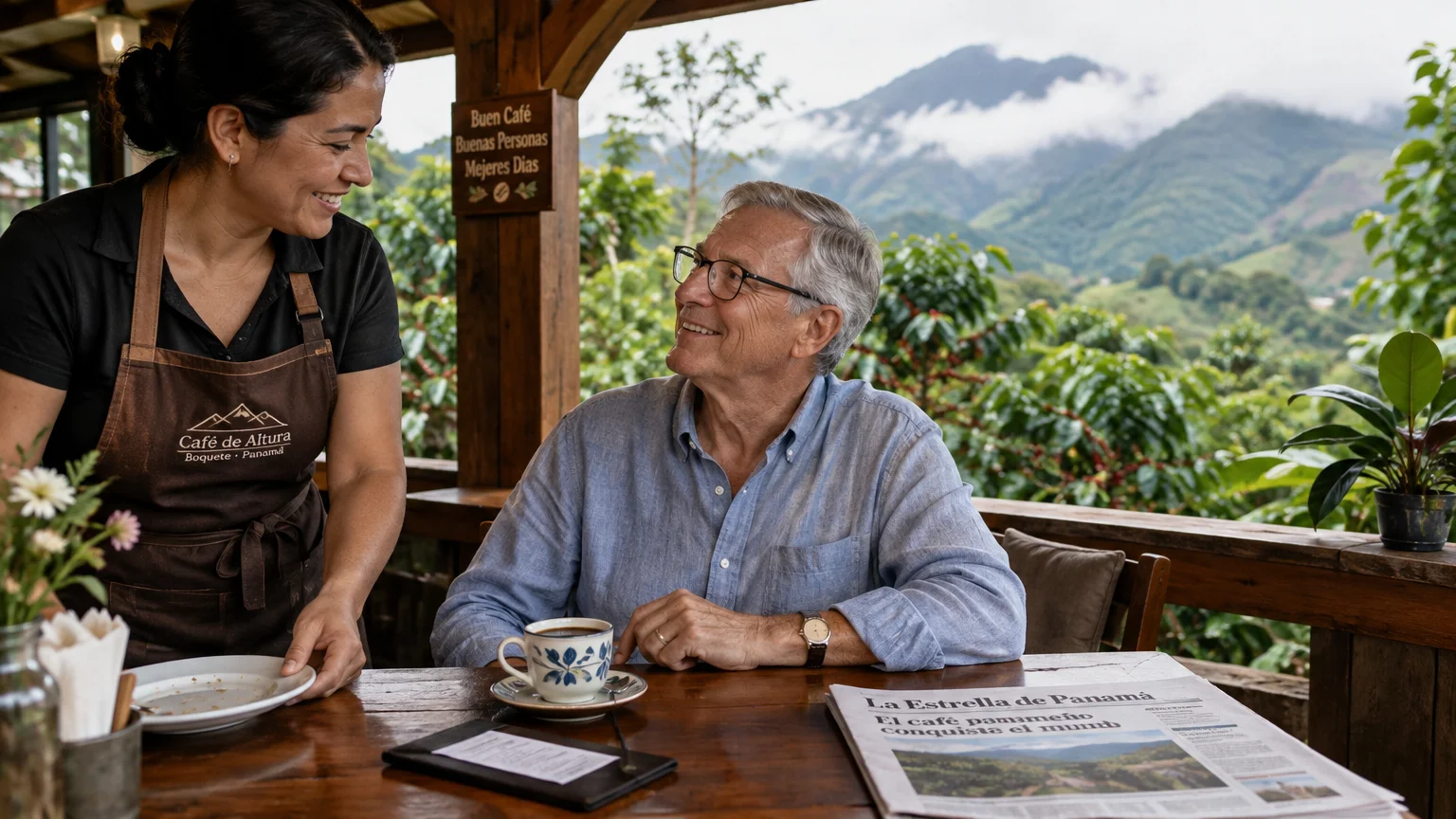 A smiling man sits at an outdoor cafe table with coffee and a newspaper, served by a waitress before misty mountains.