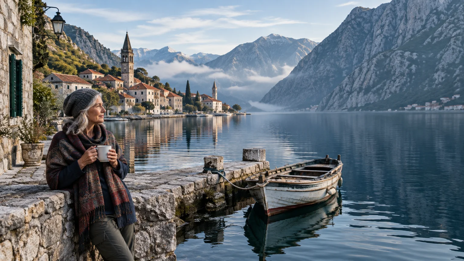 A woman holding a mug leans on a stone wall overlooking a calm bay, historic coastal town, and rugged mountains.