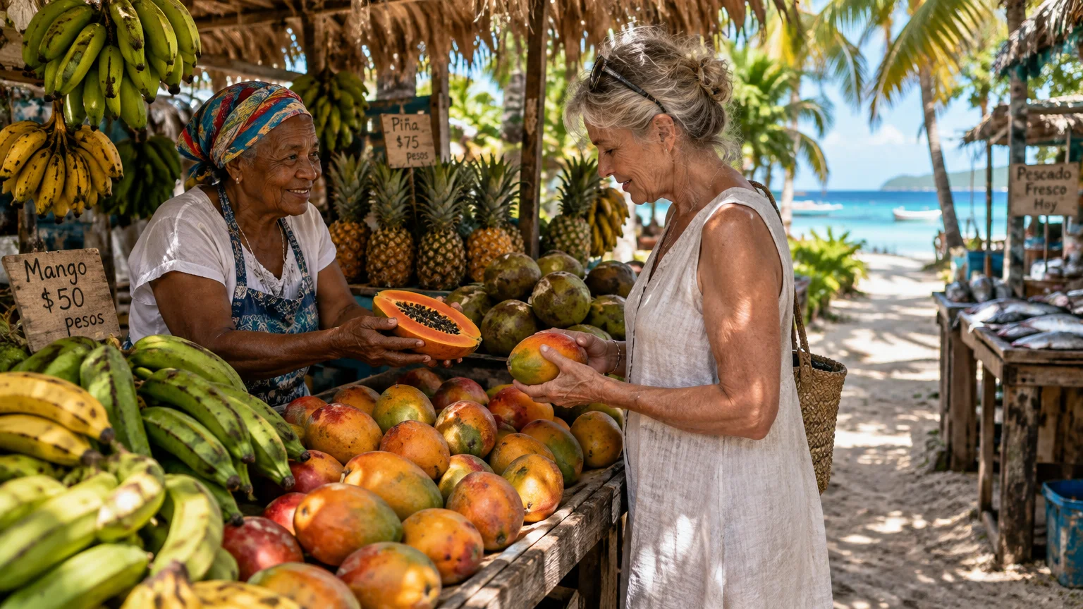 A woman looks at mangoes and sliced papaya held by a smiling vendor at a beachside fruit stall under palm trees.