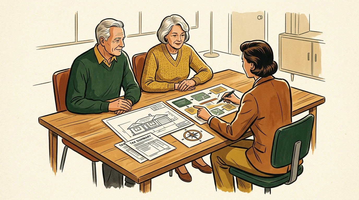 Illustration of an older couple meeting with a professional advisor pointing at documents and house plans on a table.