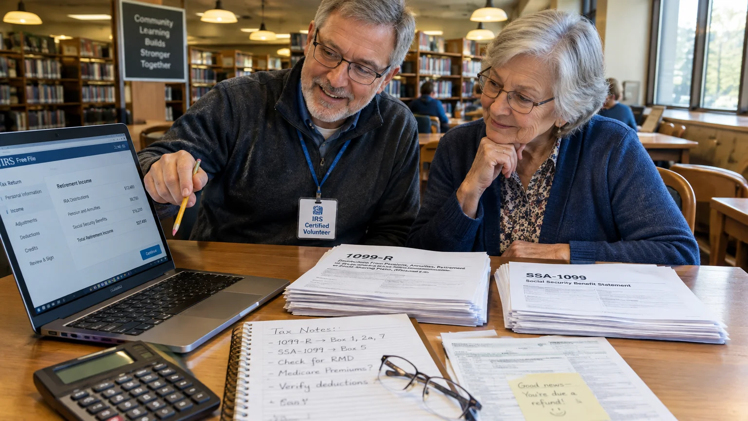 A volunteer with an IRS badge points to a laptop screen while helping a senior woman with tax forms in a library.