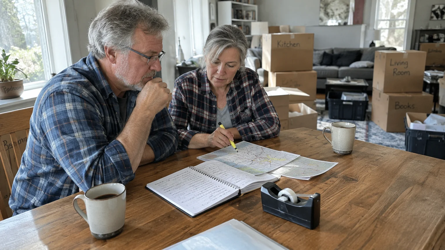 Older man and woman sitting at a table studying a map surrounded by packed cardboard moving boxes.