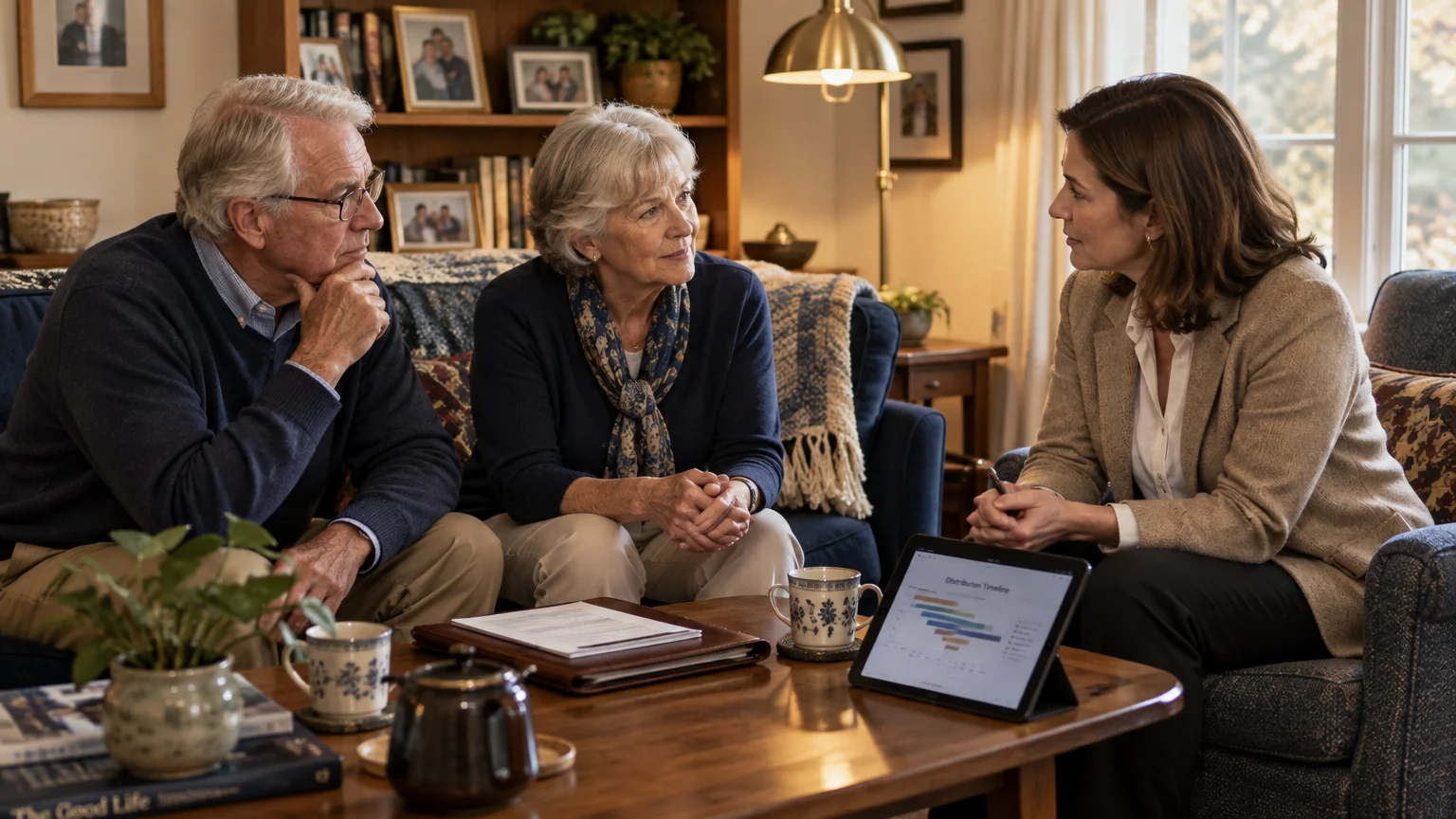 Senior couple listening to a female financial advisor seated across a coffee table with paperwork and a tablet.