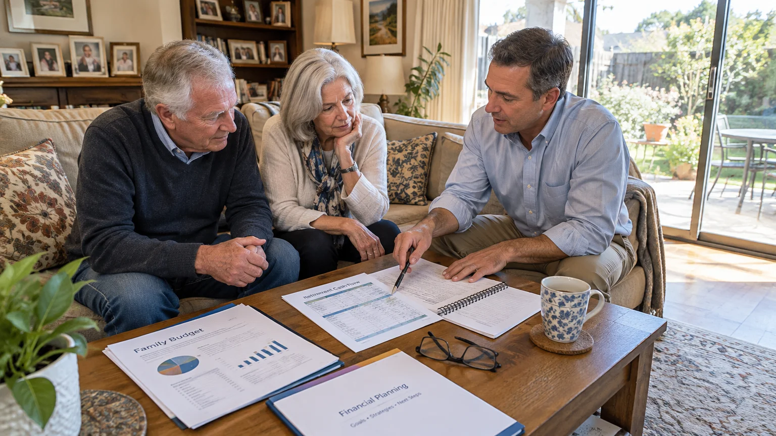 A financial advisor points to paperwork on a coffee table while consulting a senior couple sitting on a living room sofa.