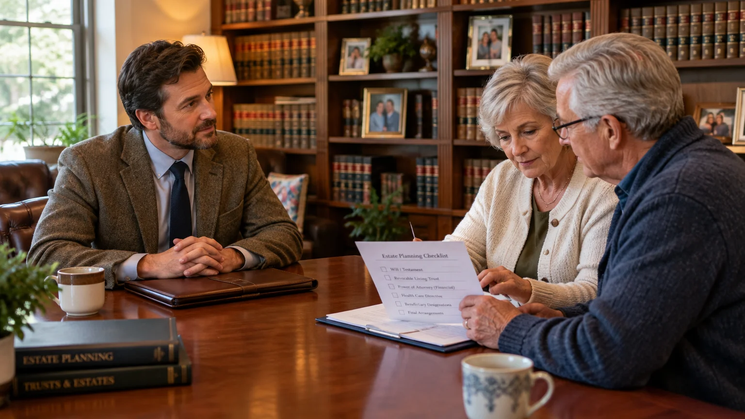 A senior couple reviews an estate planning checklist with a professional sitting across a conference table in an office.