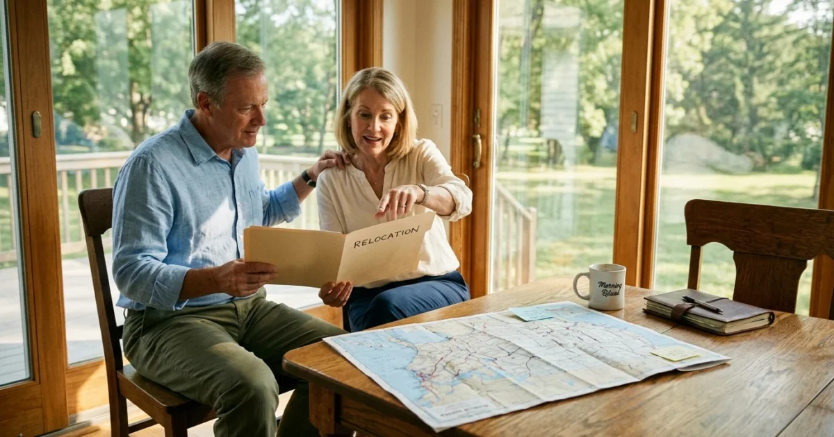 Mature couple sitting at a wooden table reviewing a relocation folder with a roadmap laid out before them.