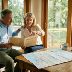 Mature couple sitting at a wooden table reviewing a relocation folder with a roadmap laid out before them.