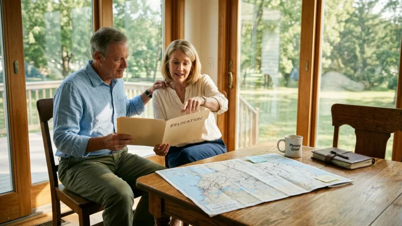 Mature couple sitting at a wooden table reviewing a relocation folder with a roadmap laid out before them.