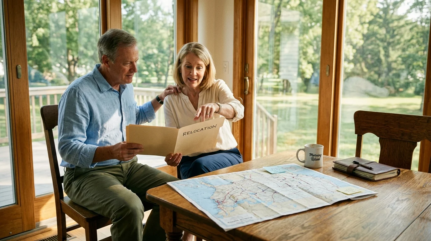 Mature couple sitting at a wooden table reviewing a relocation folder with a roadmap laid out before them.