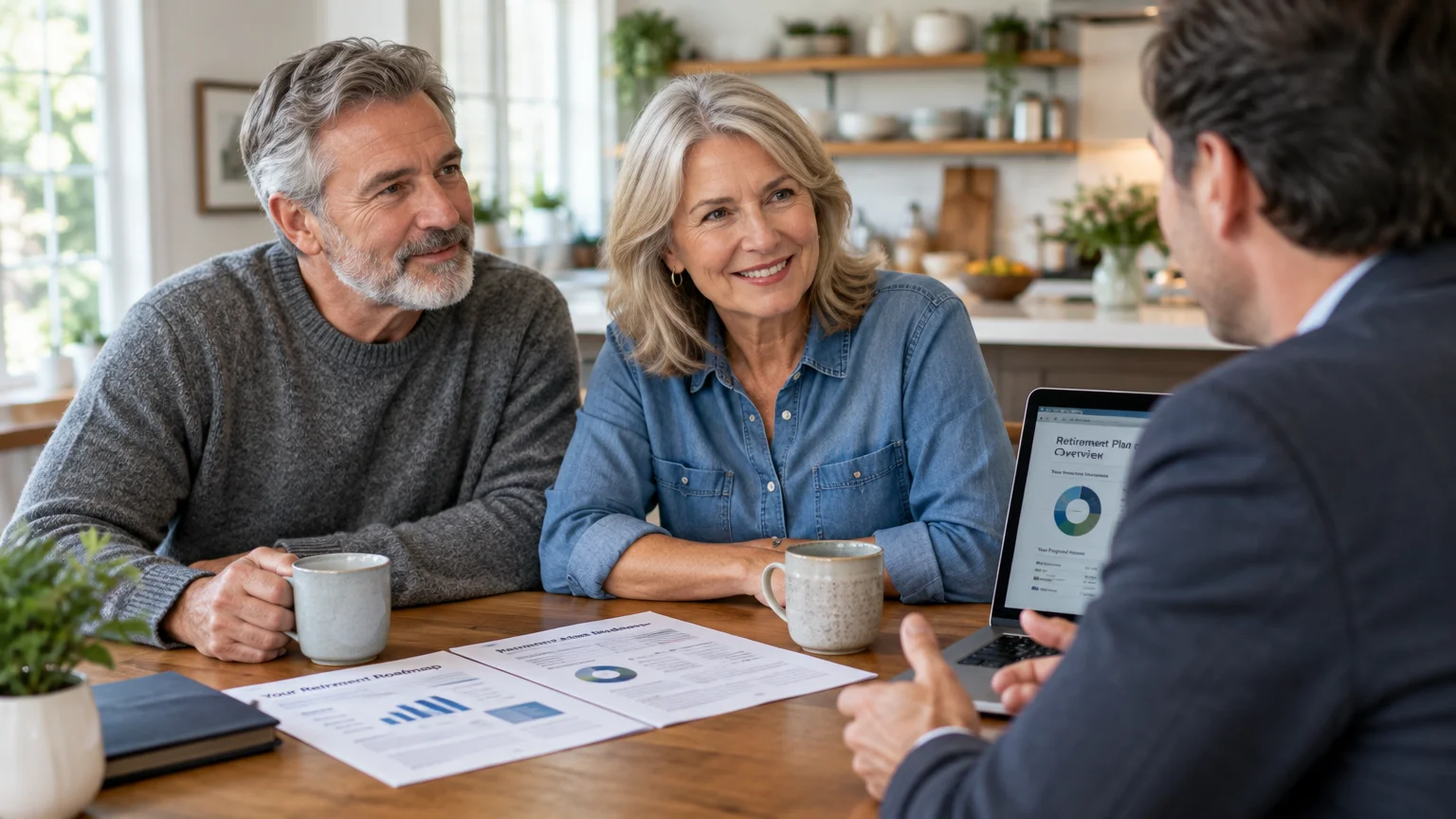 Mature couple smiling across a table at a financial advisor presenting retirement plans on a laptop.