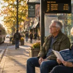 Older couple sitting at a city transit bus stop bench while a city bus approaches along the street.