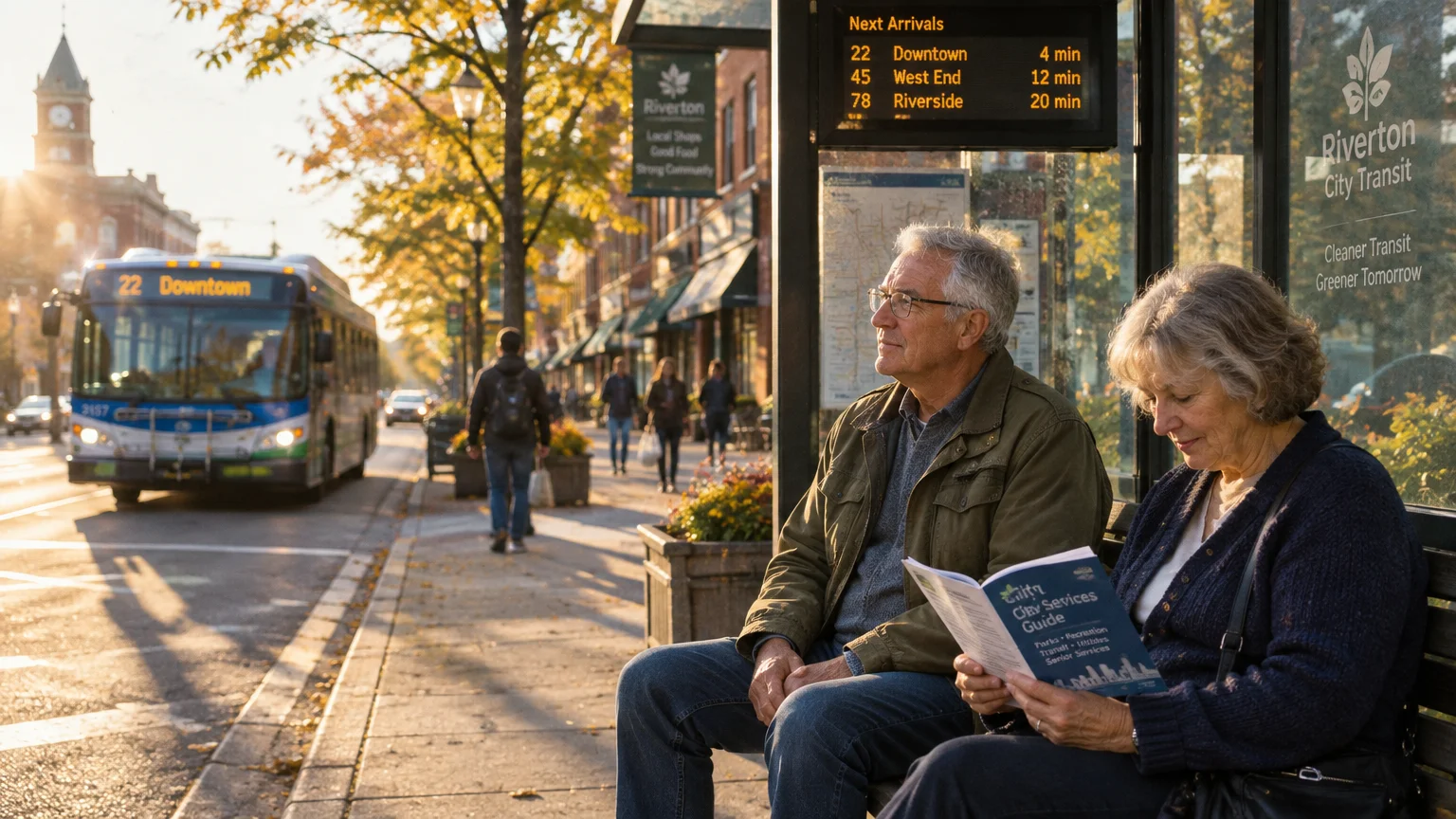 Older couple sitting at a city transit bus stop bench while a city bus approaches along the street.
