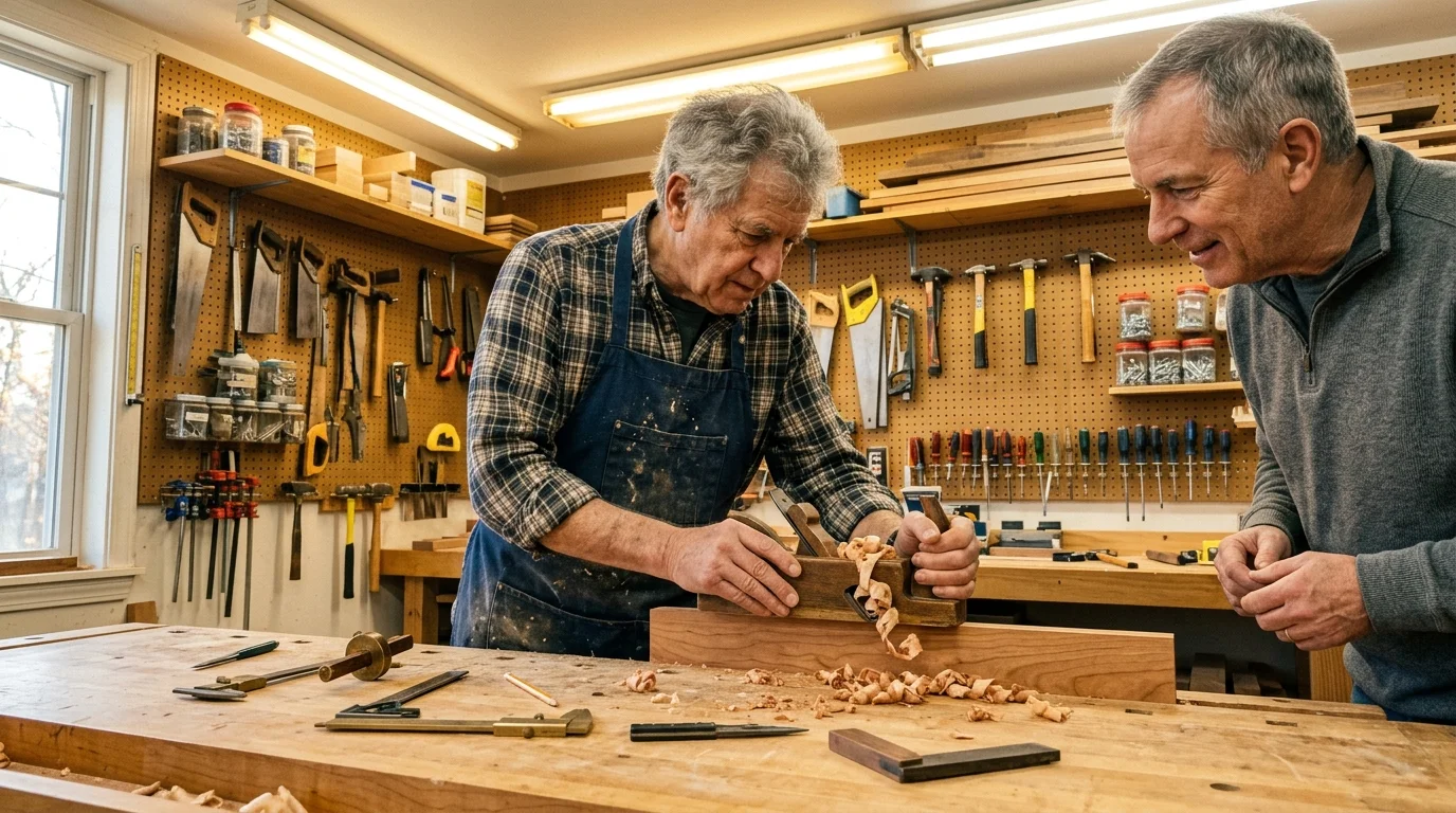 An older man in an apron planes a piece of wood on a workbench while another man watches beside him in a workshop.