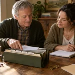 An older man and an adult woman sit at a wooden table reviewing papers beside an accordion document organizer.