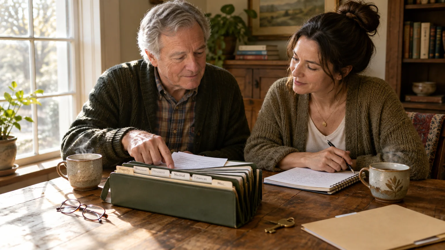 An older man and an adult woman sit at a wooden table reviewing papers beside an accordion document organizer.