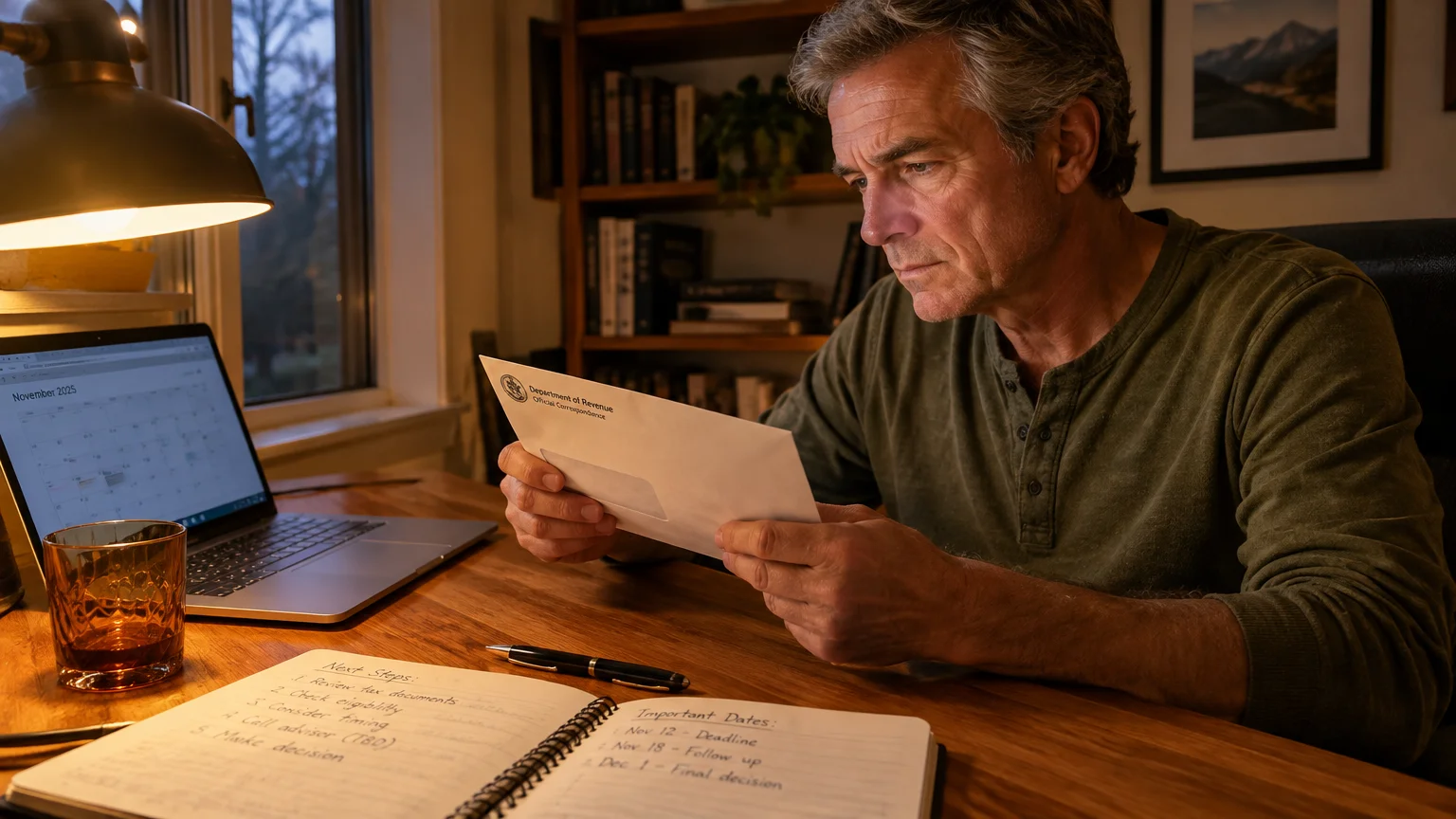A mature man at a wooden desk opens an official Department of Revenue envelope next to a laptop and notebook.
