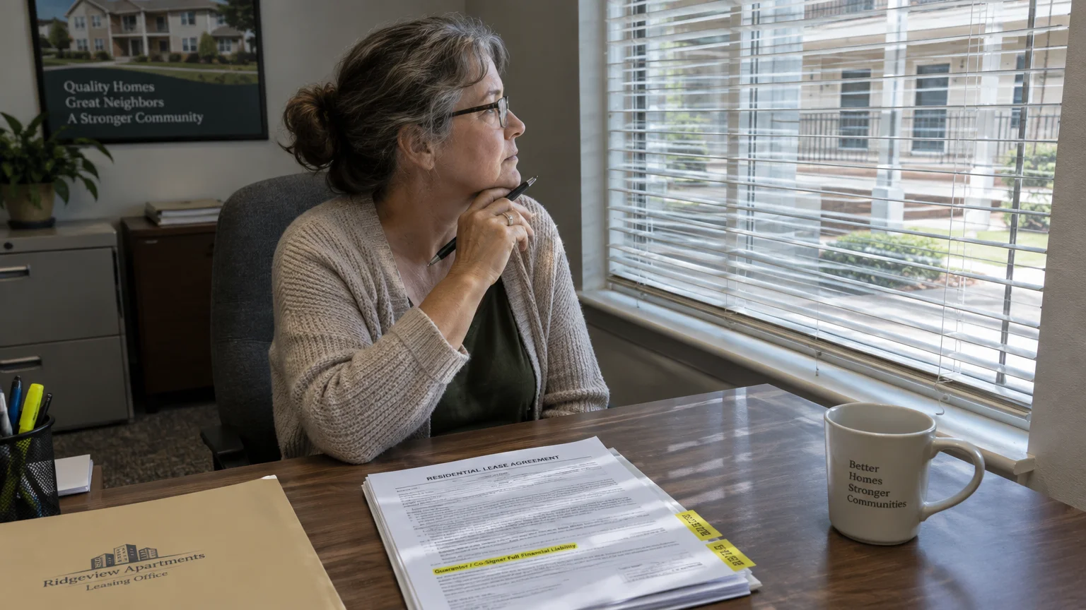 A mature woman sits thoughtfully at a desk holding a pen next to a residential lease agreement and looking out the window.