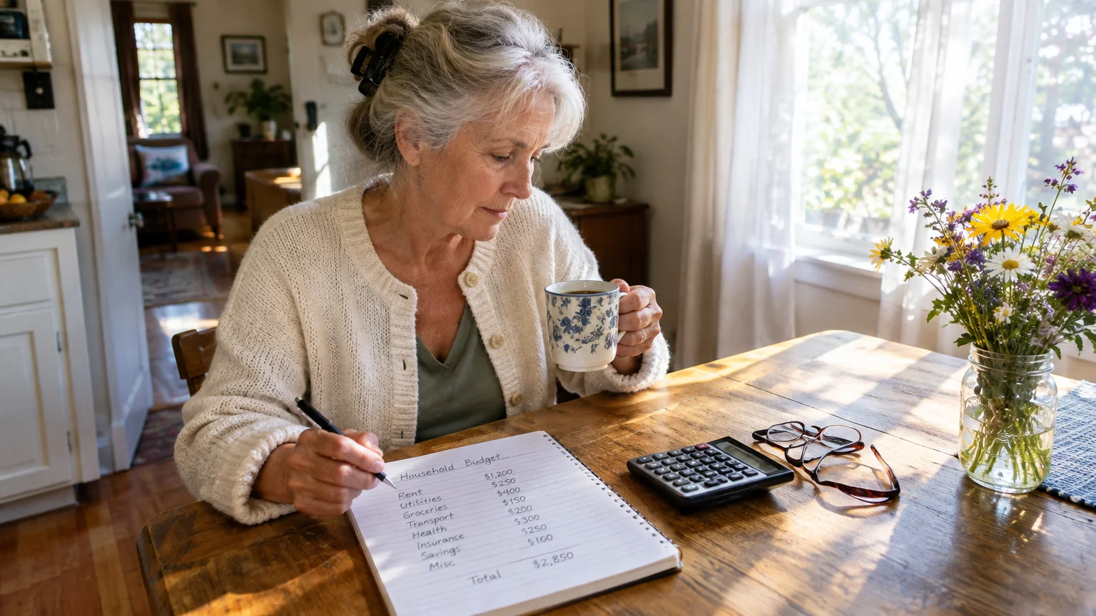 A senior woman holding coffee reviews a handwritten household budget on a notepad beside a calculator.