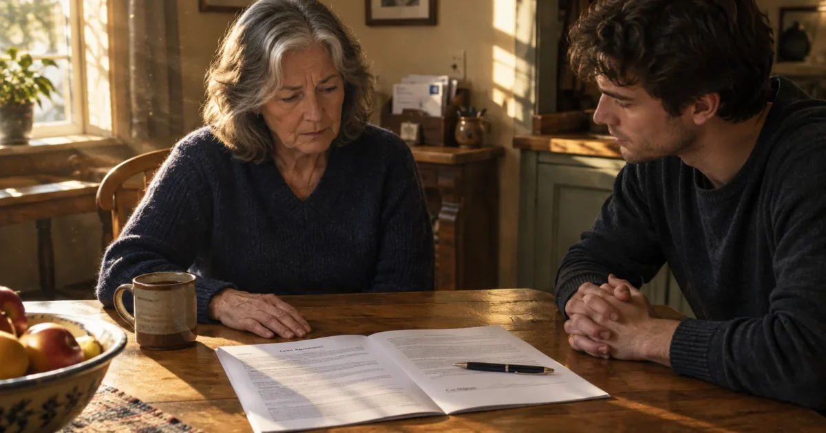 Older woman and young man seated at a wooden table reviewing a loan agreement document.