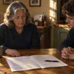 Older woman and young man seated at a wooden table reviewing a loan agreement document.