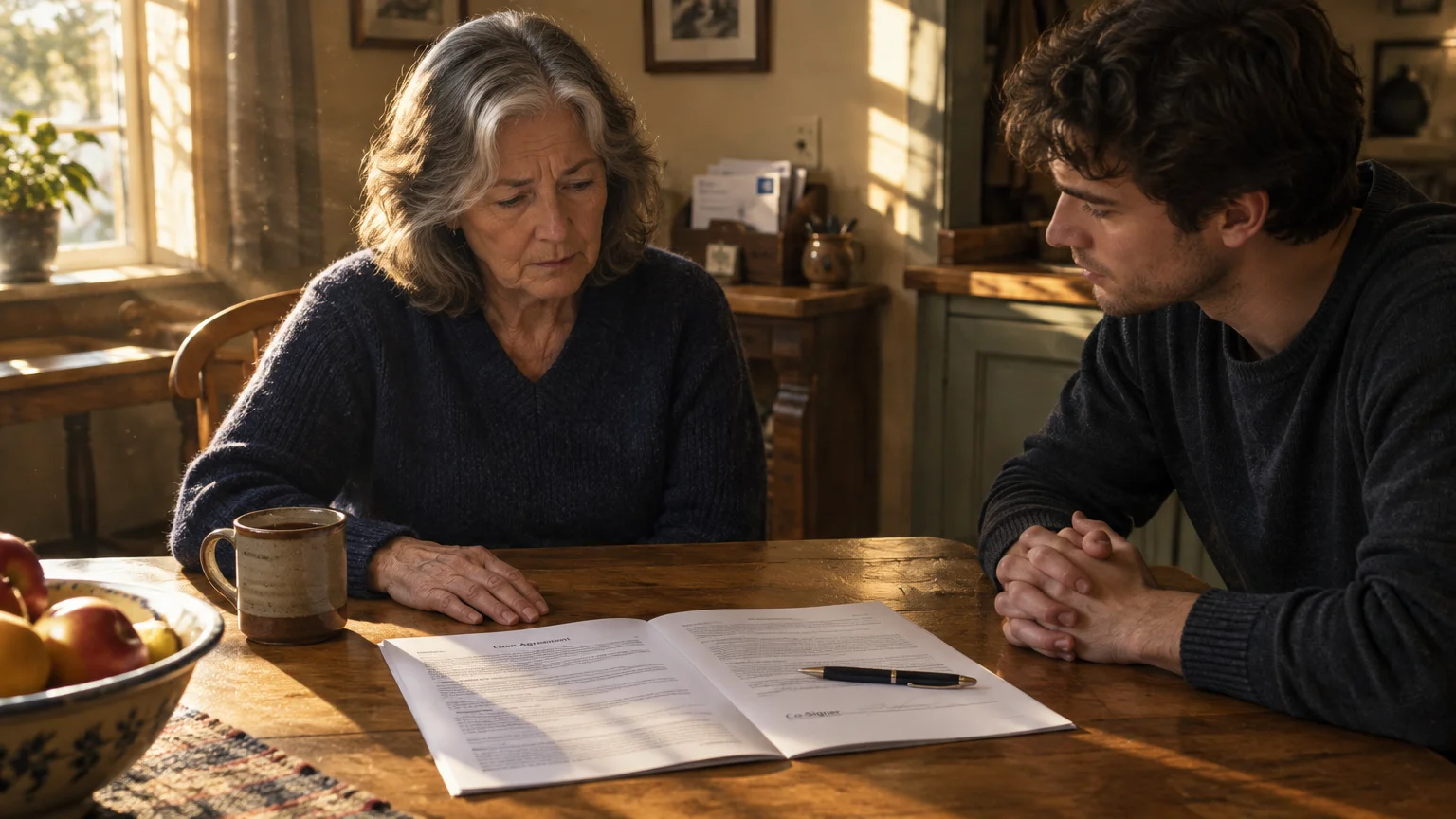 Older woman and young man seated at a wooden table reviewing a loan agreement document.