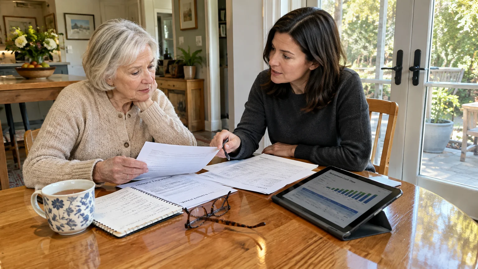 A senior woman reviews paperwork with an advisor at a wooden table holding a tablet displaying a financial chart.