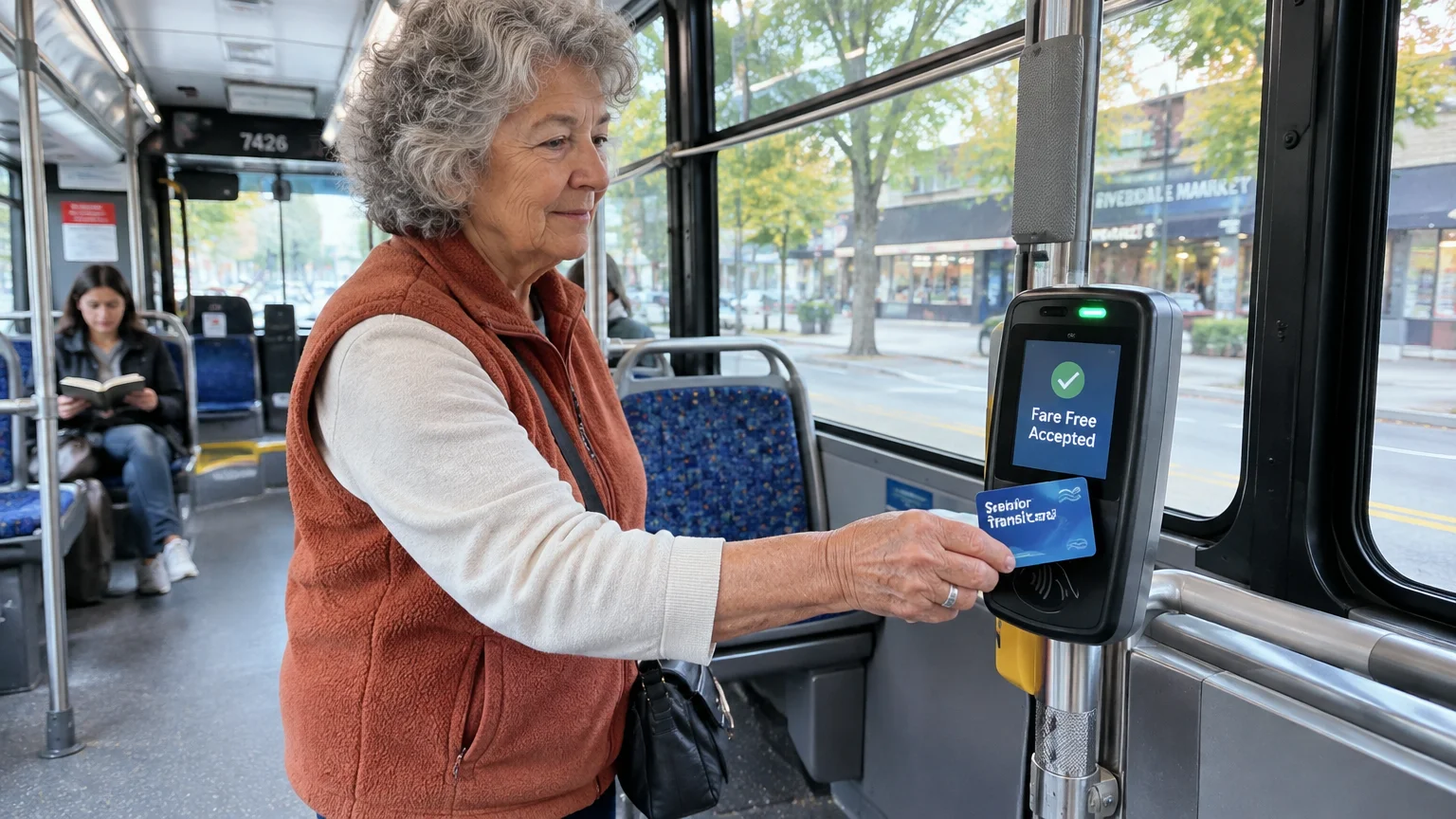 A senior woman taps a blue transit card against an electronic reader displaying Fare Free Accepted inside a city bus.