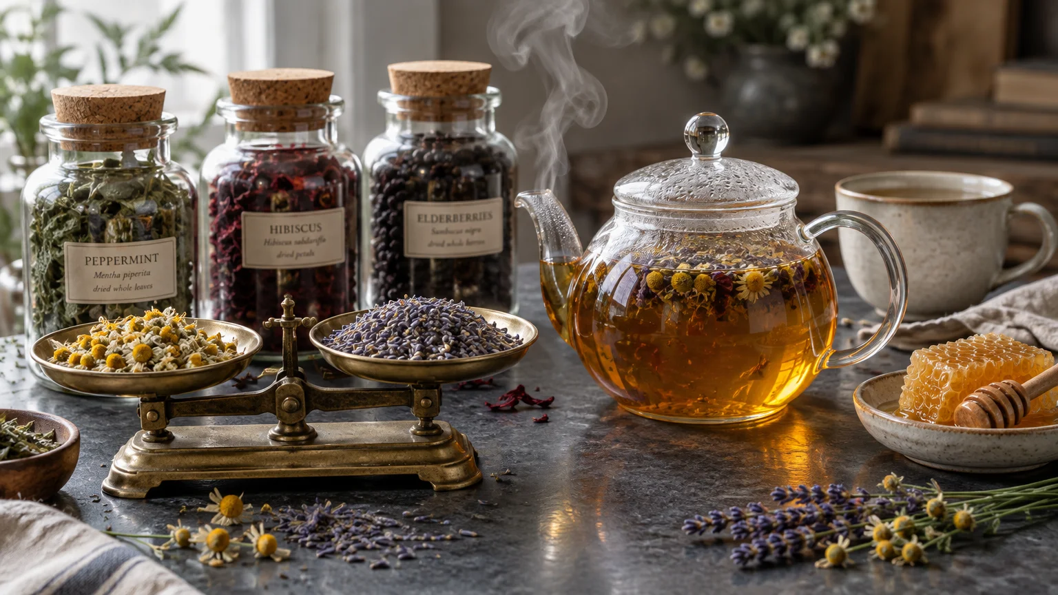Steaming glass teapot filled with herbal tea beside balance scales with dried herbs, glass spice jars, and honeycomb.