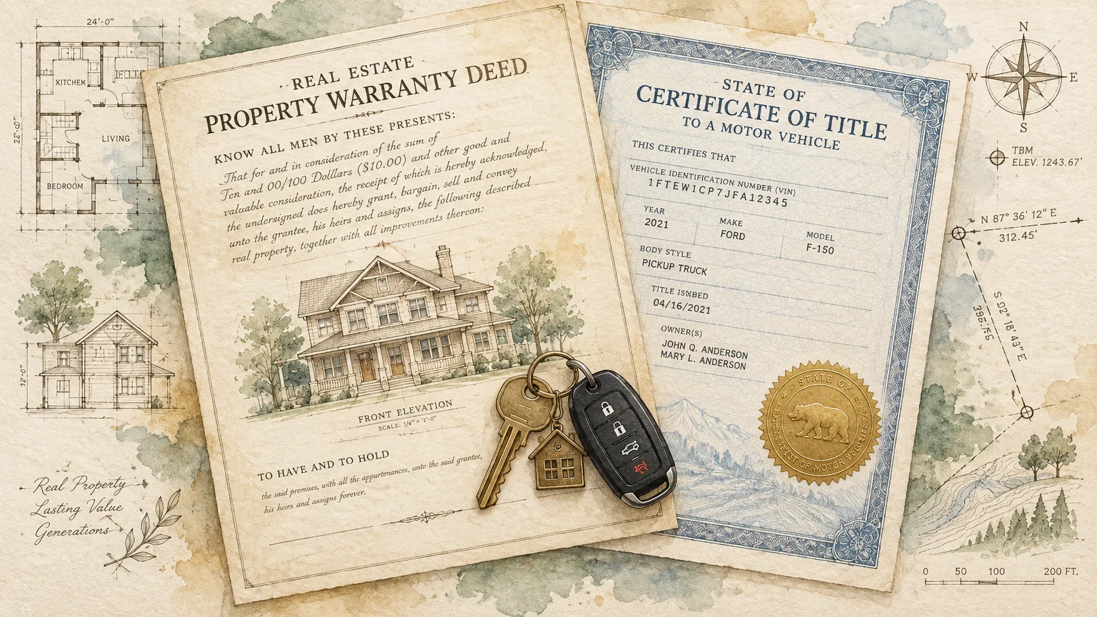 Illustration of a real estate property warranty deed and a motor vehicle certificate of title beside house and car keys.