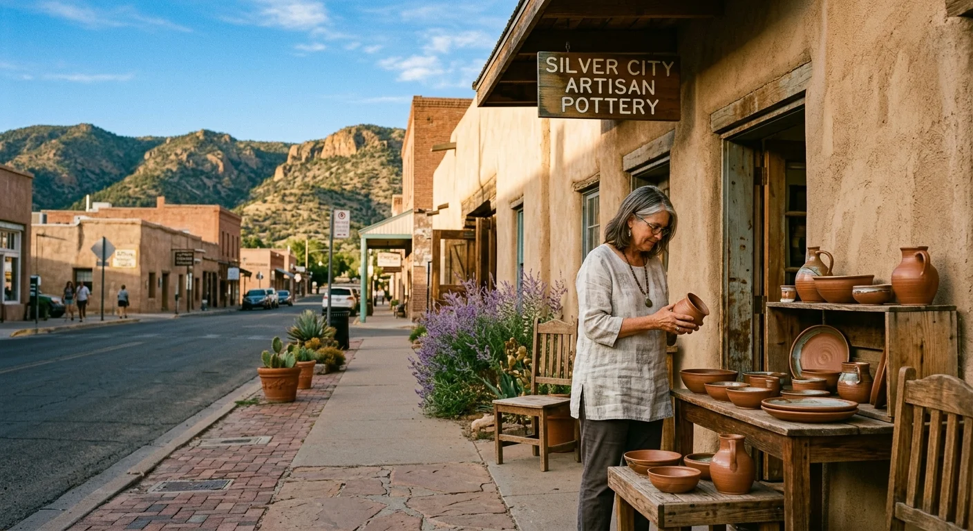 A woman inspects handcrafted earthenware outside an adobe pottery shop along a quiet mountain town sidewalk.