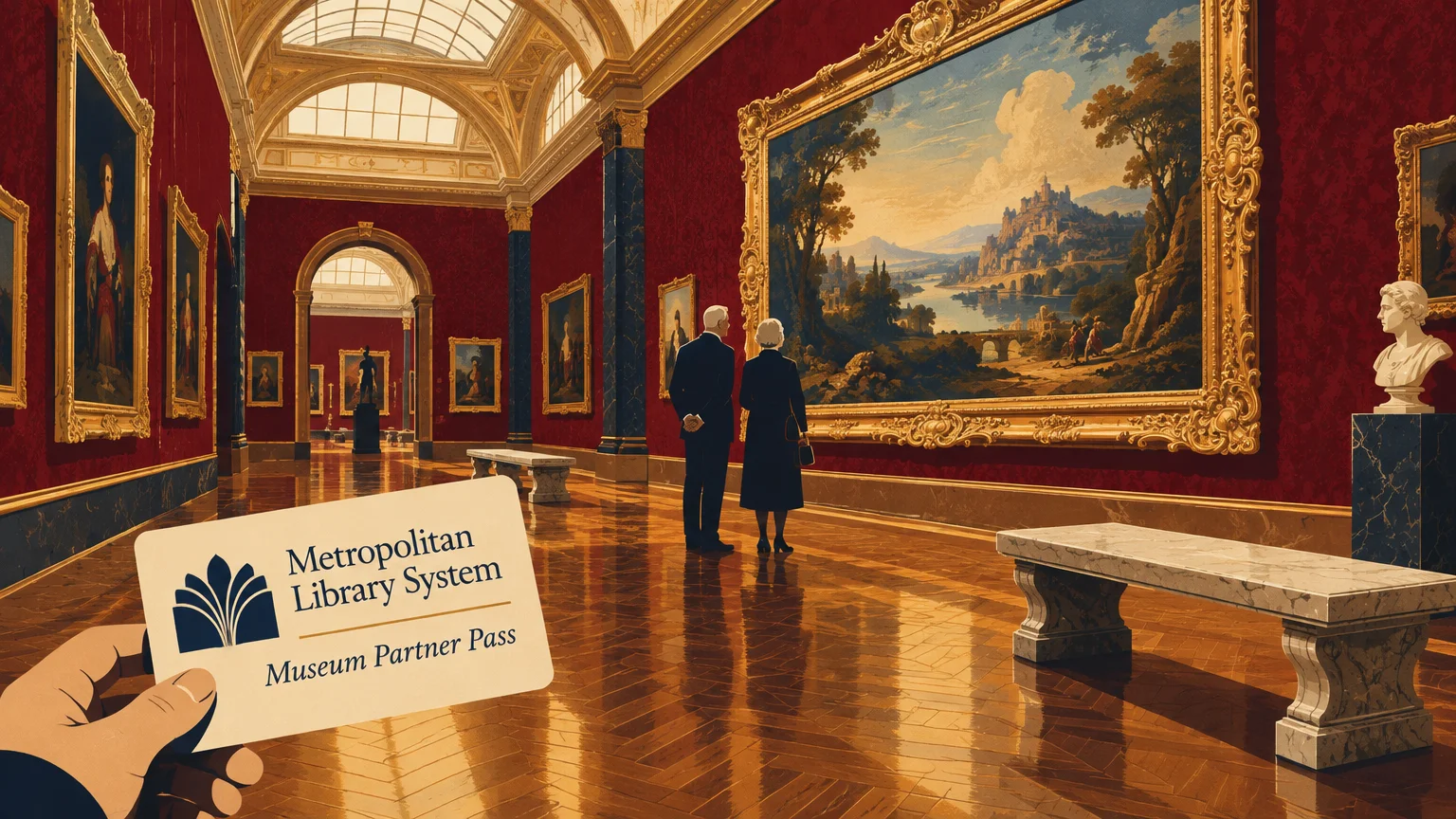 Illustration of a hand holding a library pass in an ornate art gallery with an older couple admiring a painting.