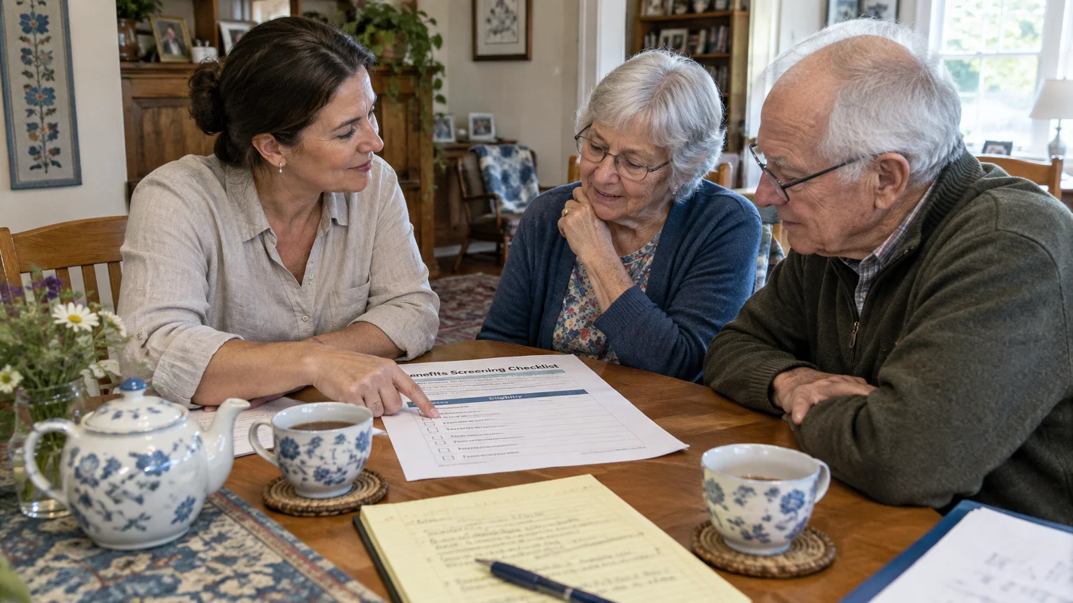 A woman reviews a benefits screening checklist with an older couple seated at a dining table with tea.