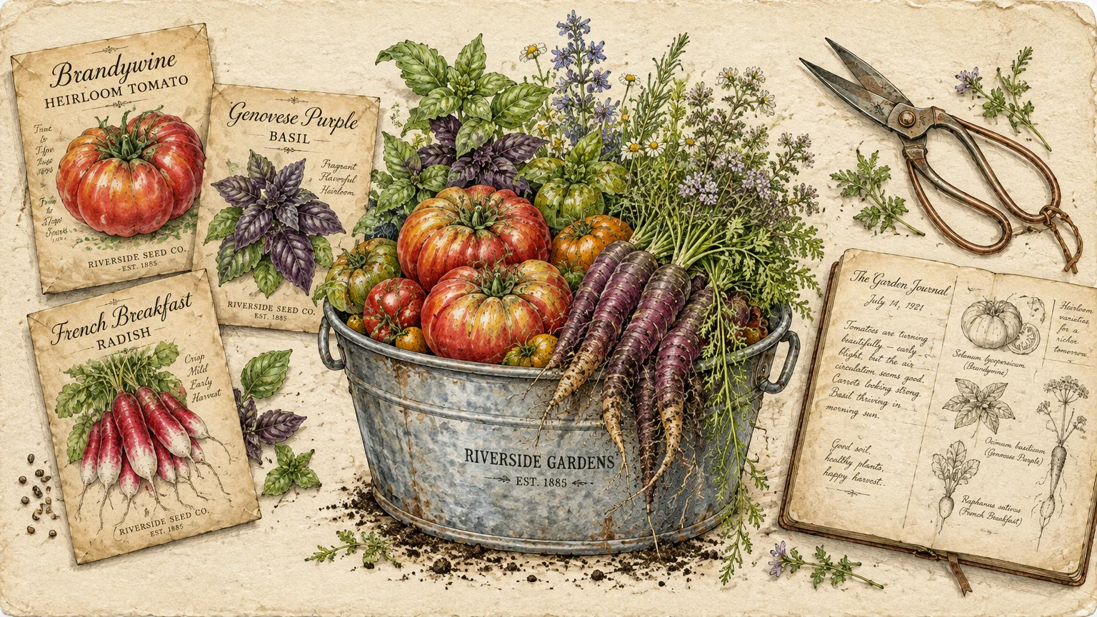Illustration of a metal tub filled with heirloom tomatoes, purple carrots, and herbs beside vintage seed packets and garden shears.