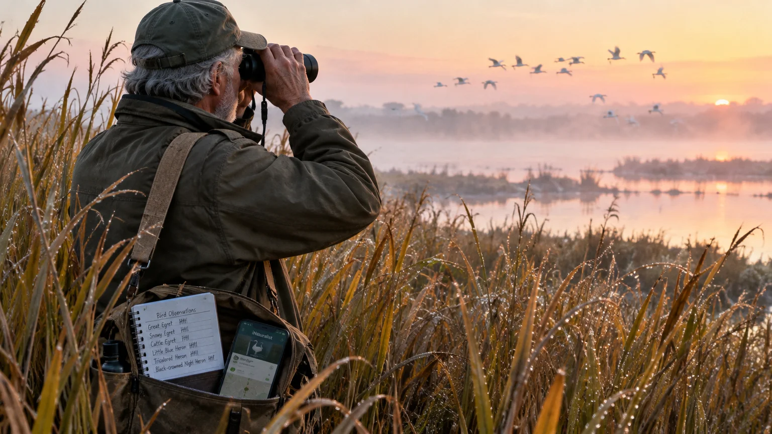 A man looks through binoculars at sunrise over a wetland with flying birds, a field notebook and phone in his bag.