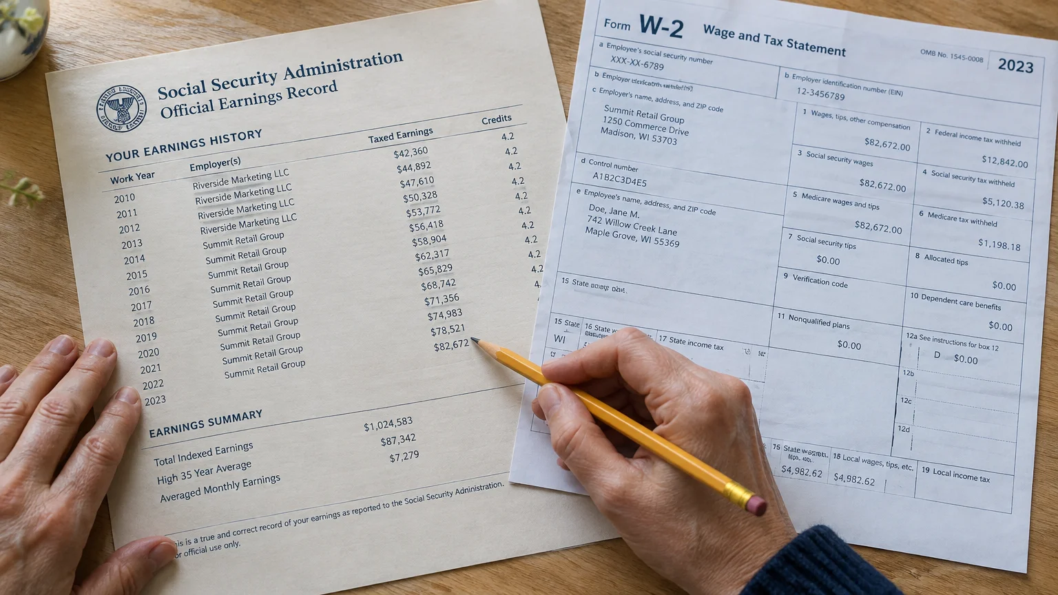 Hands holding a pencil over a Social Security earnings record document next to a 2023 W-2 tax form.