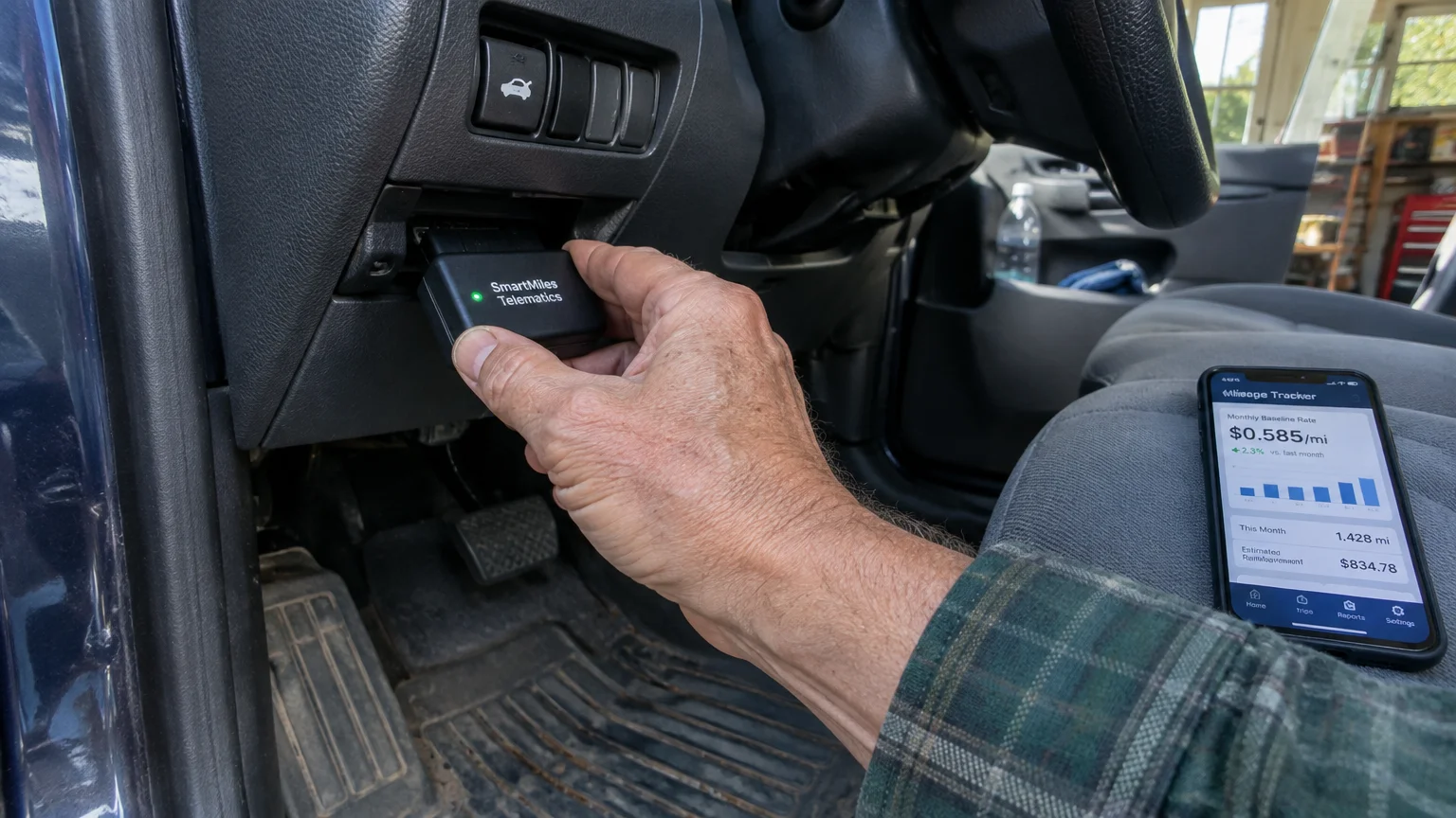 A man plugs a telematics device into a car dashboard beside a smartphone displaying a mileage tracking app.