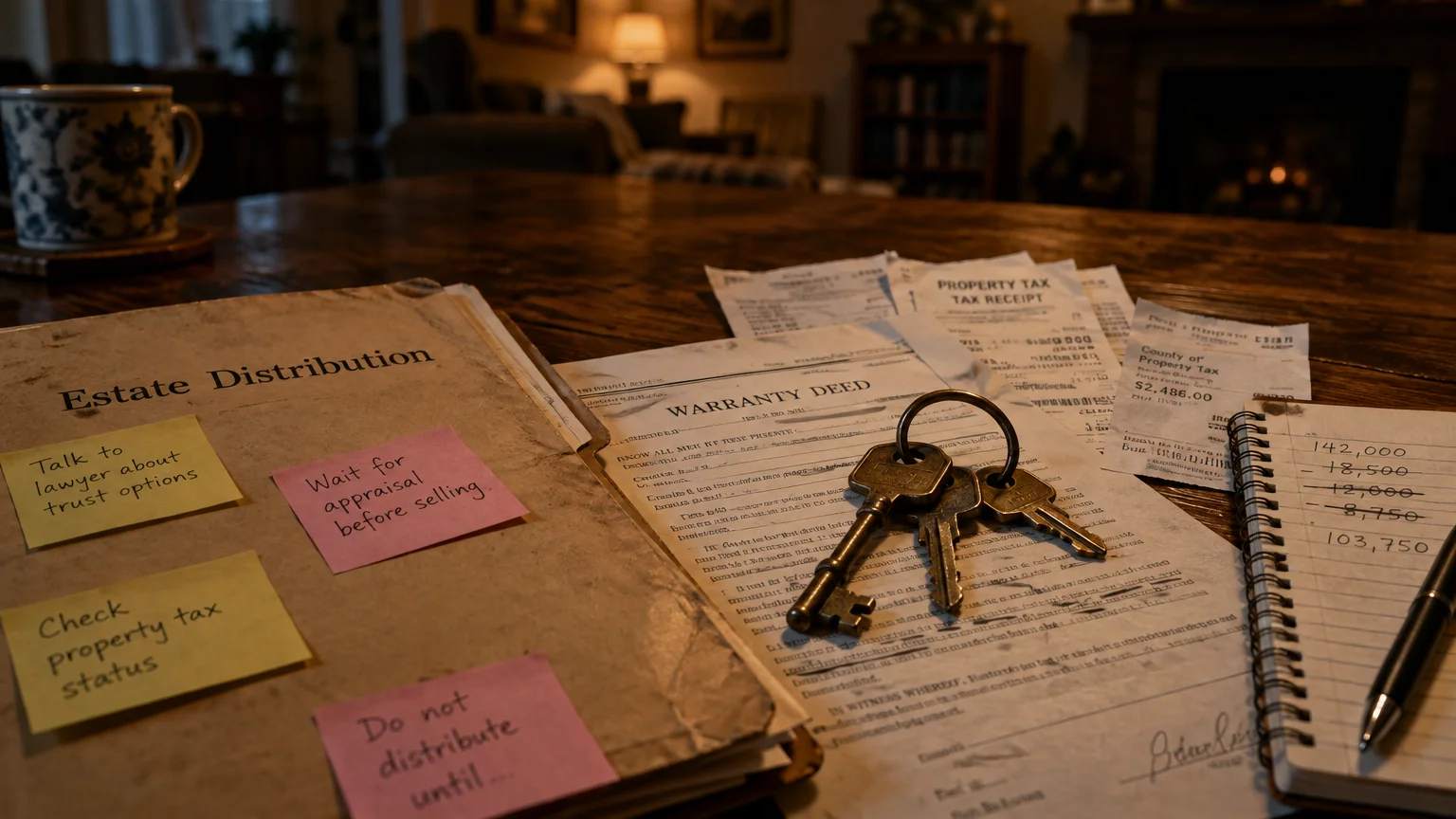 Estate distribution folder, sticky notes, house keys, tax receipts, and a notepad with calculations on a wooden table.