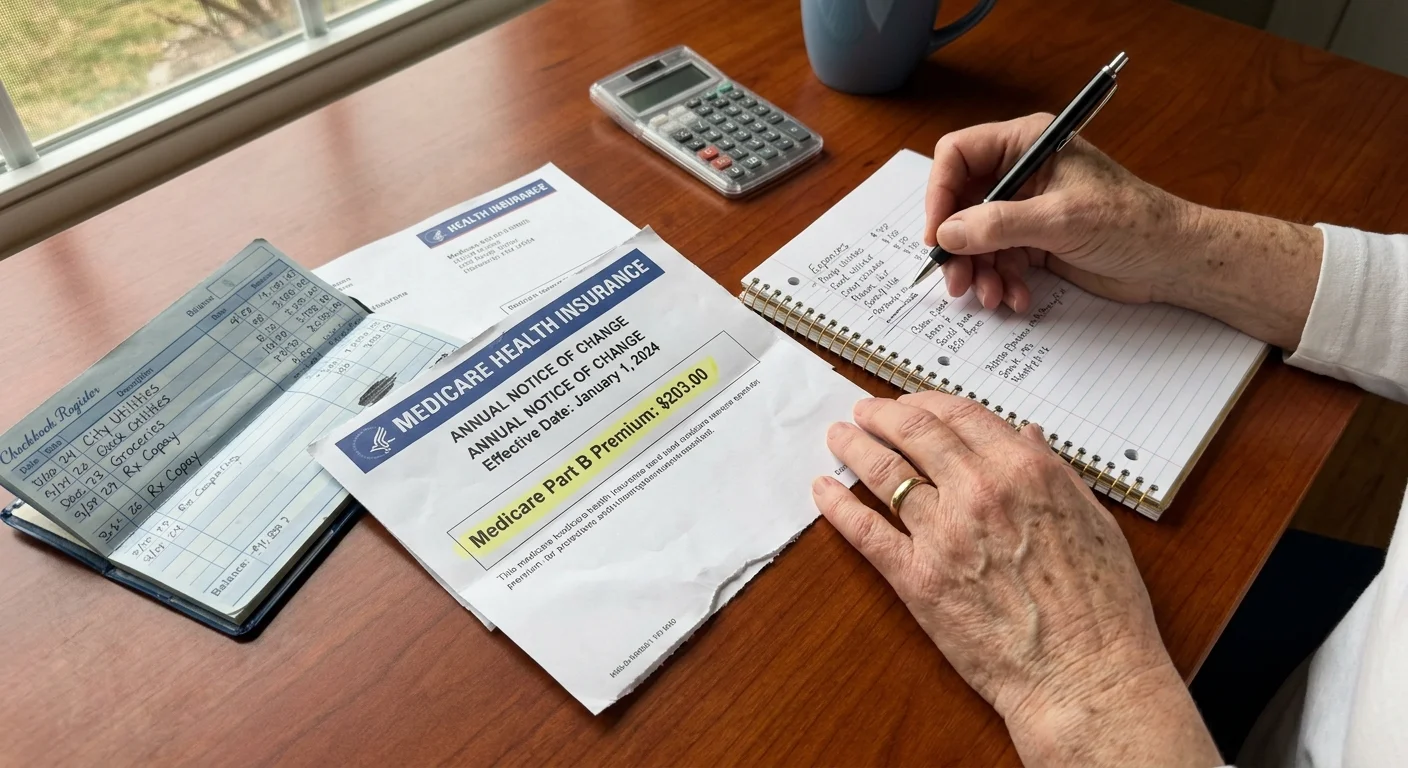Person writing in a notebook next to a Medicare Part B premium notice, checkbook register, and calculator on a desk.