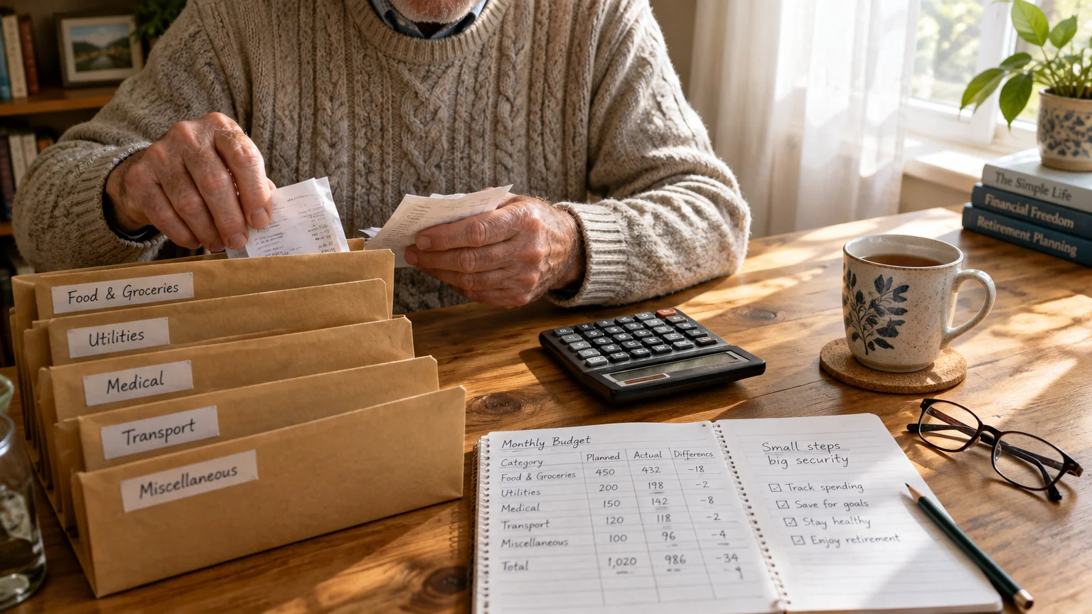 Senior sorting paper receipts into labeled envelopes beside a budget ledger, calculator, eyeglasses, and tea mug.