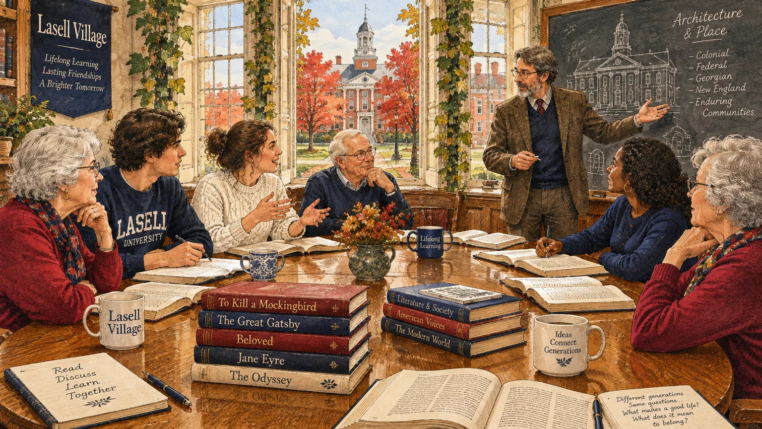 Seniors and young students sit at a seminar table with books, listening to a professor lecture in front of a blackboard.