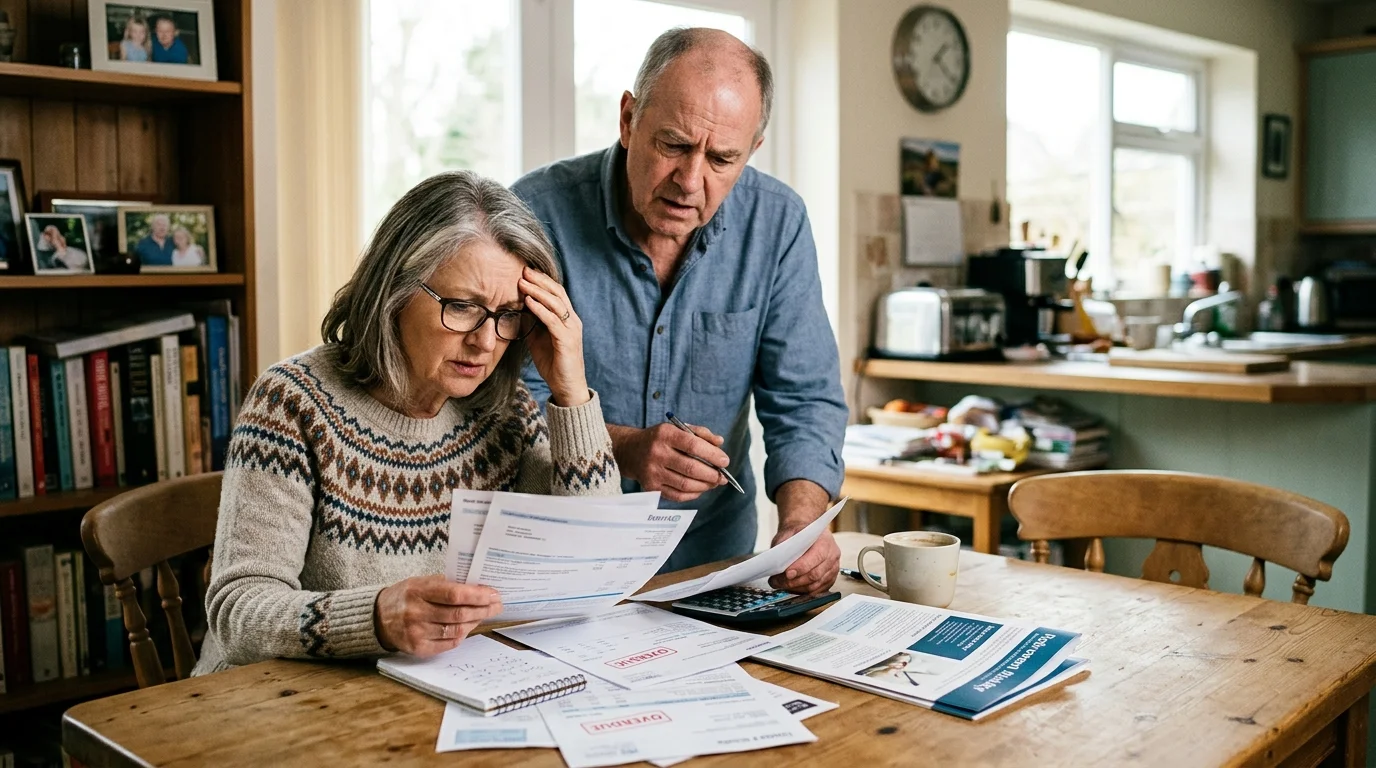 A stressed senior couple reviews bills and paperwork while sitting at their dining room table.