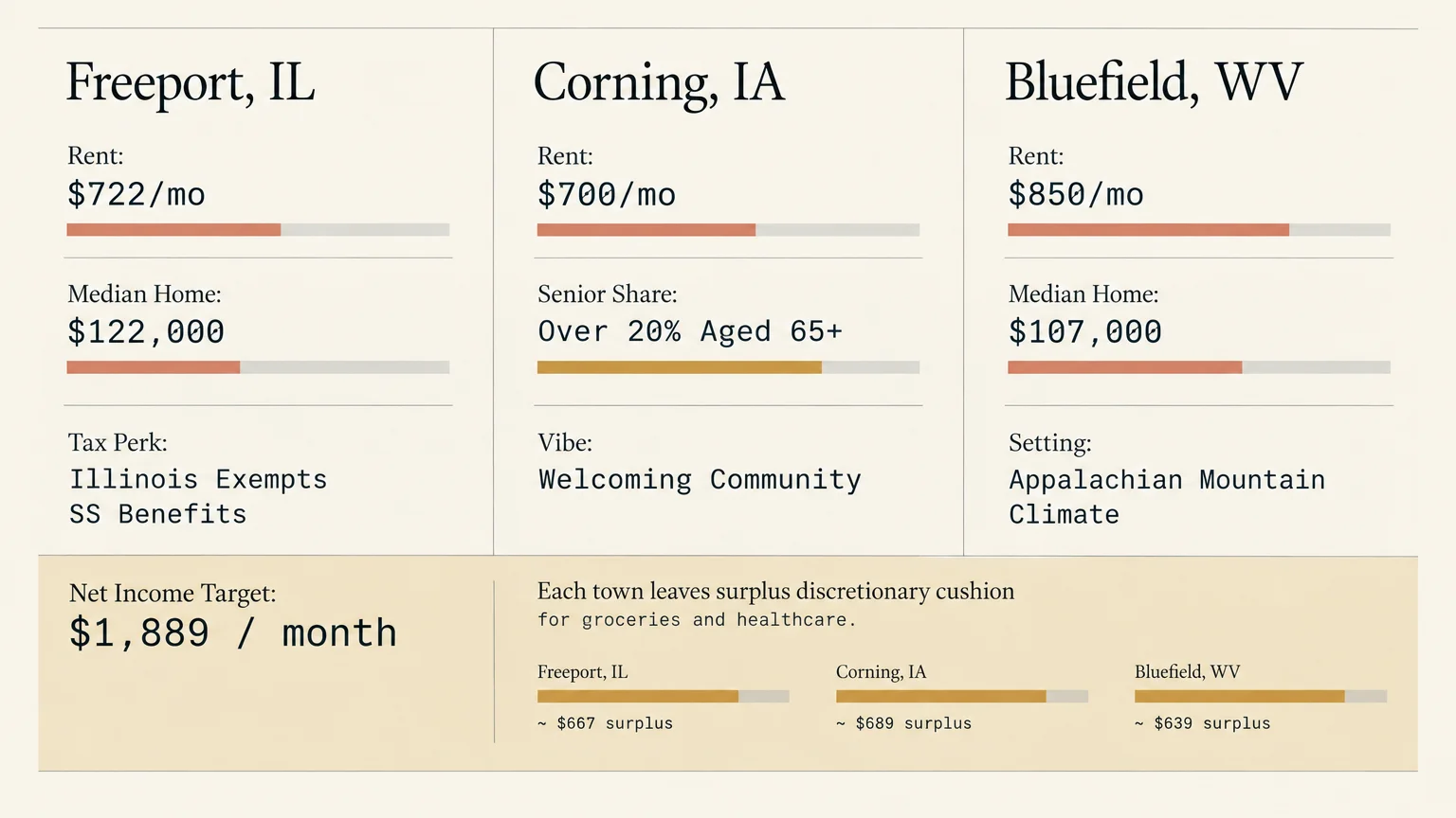 Cost comparison card for Freeport, Corning, and Bluefield showing monthly rents, home values, and surplus discretionary income.