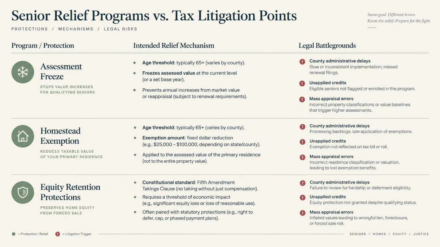 Chart detailing three senior relief programs, their intended relief mechanisms, and corresponding legal battlegrounds.