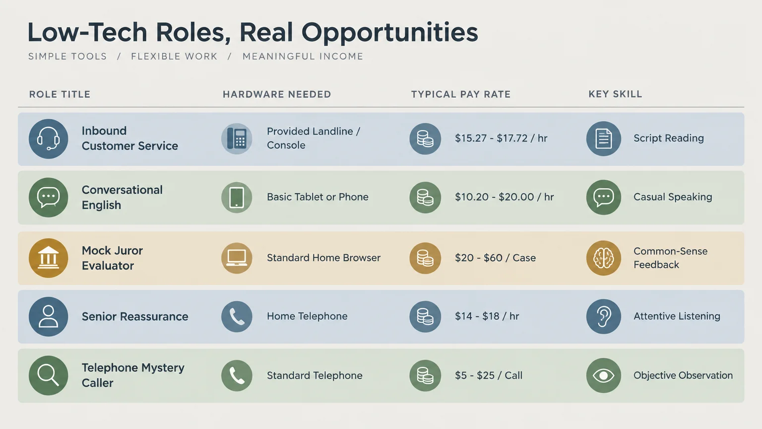 Table listing five low-tech remote roles, required hardware, typical pay rates, and key skills.