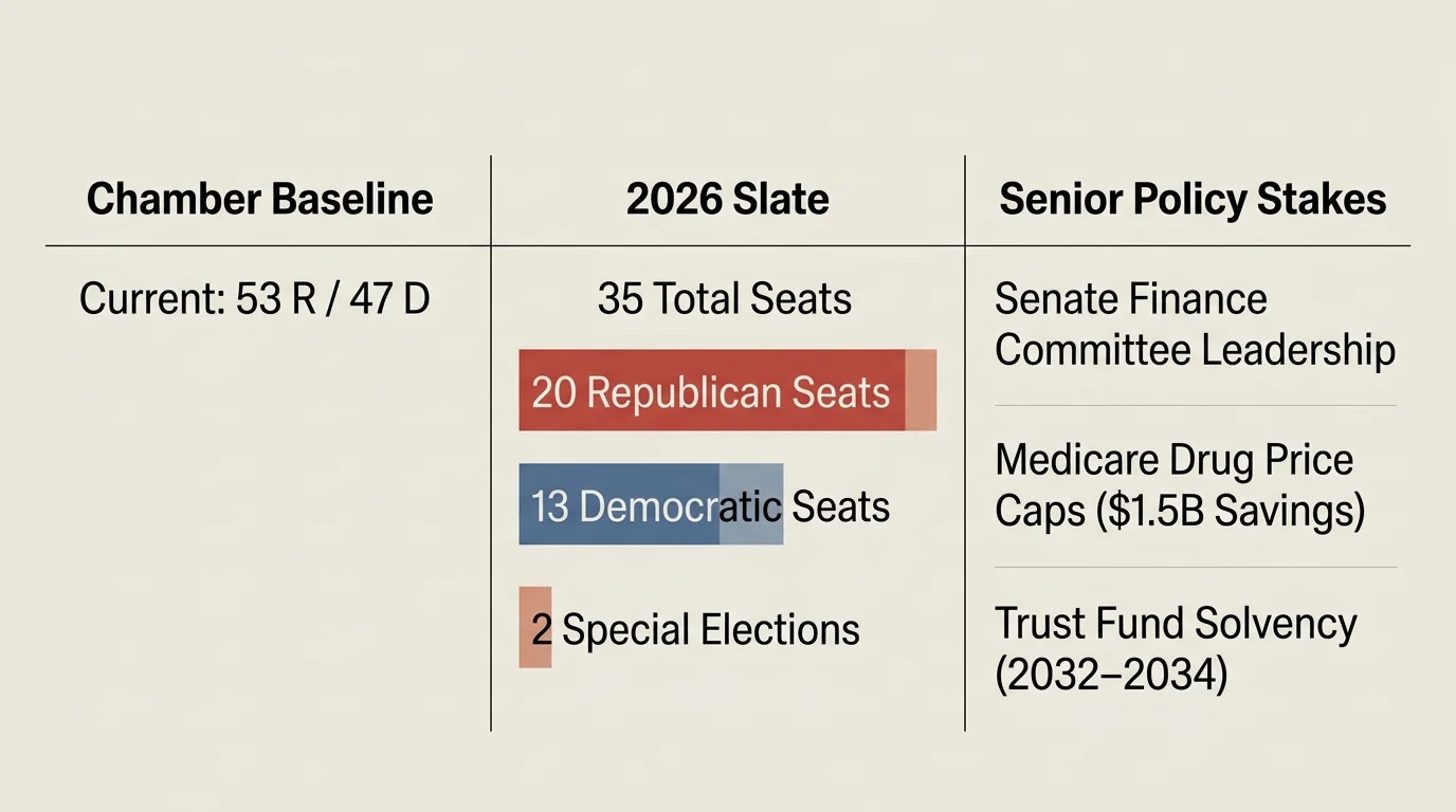 Table showing 2026 Senate slate breakdown with 20 Republican seats, 13 Democratic seats, and senior policy stakes.