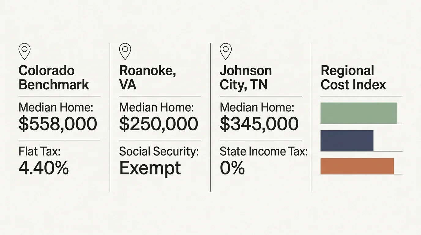 Graphic comparing median home prices and taxes for Colorado, Roanoke, and Johnson City alongside a regional cost index chart.