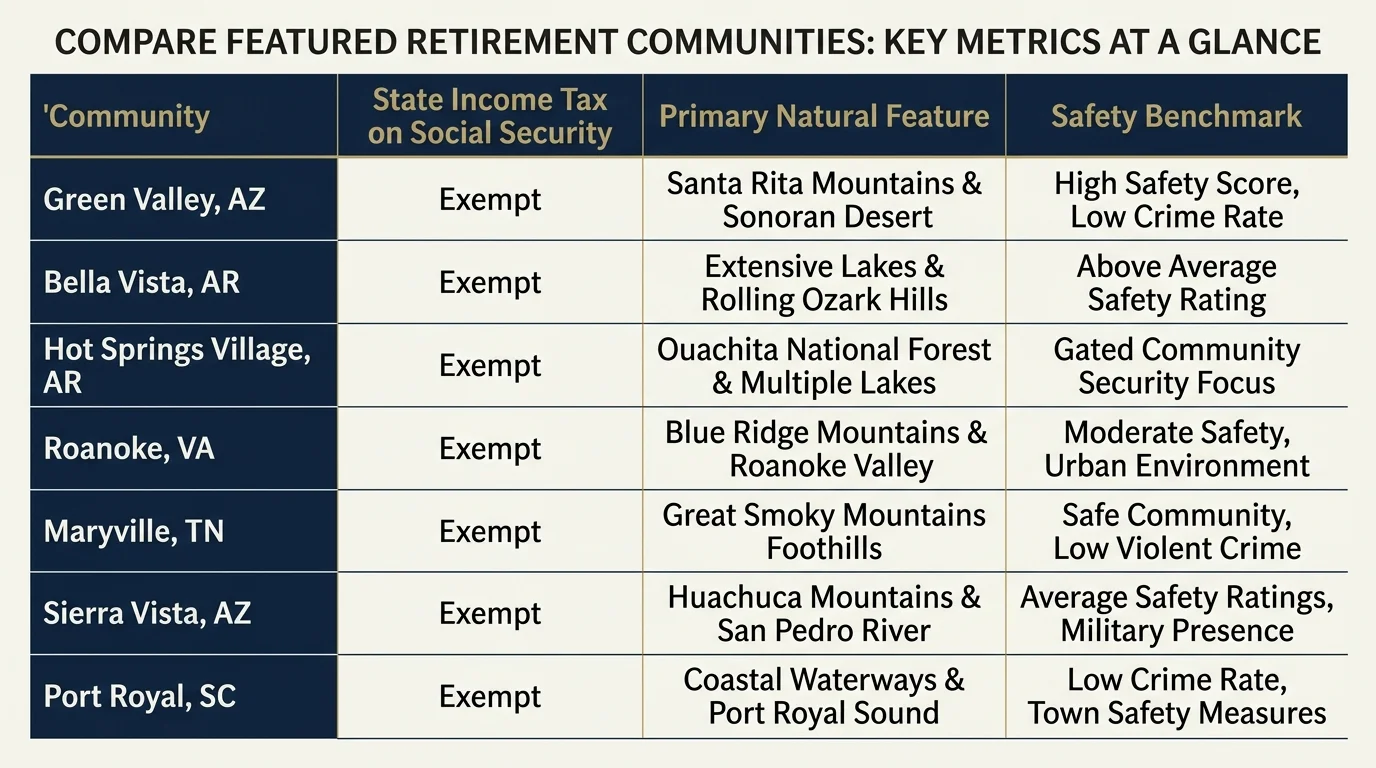 Table comparing retirement communities by state income tax on Social Security, primary natural features, and safety benchmarks.