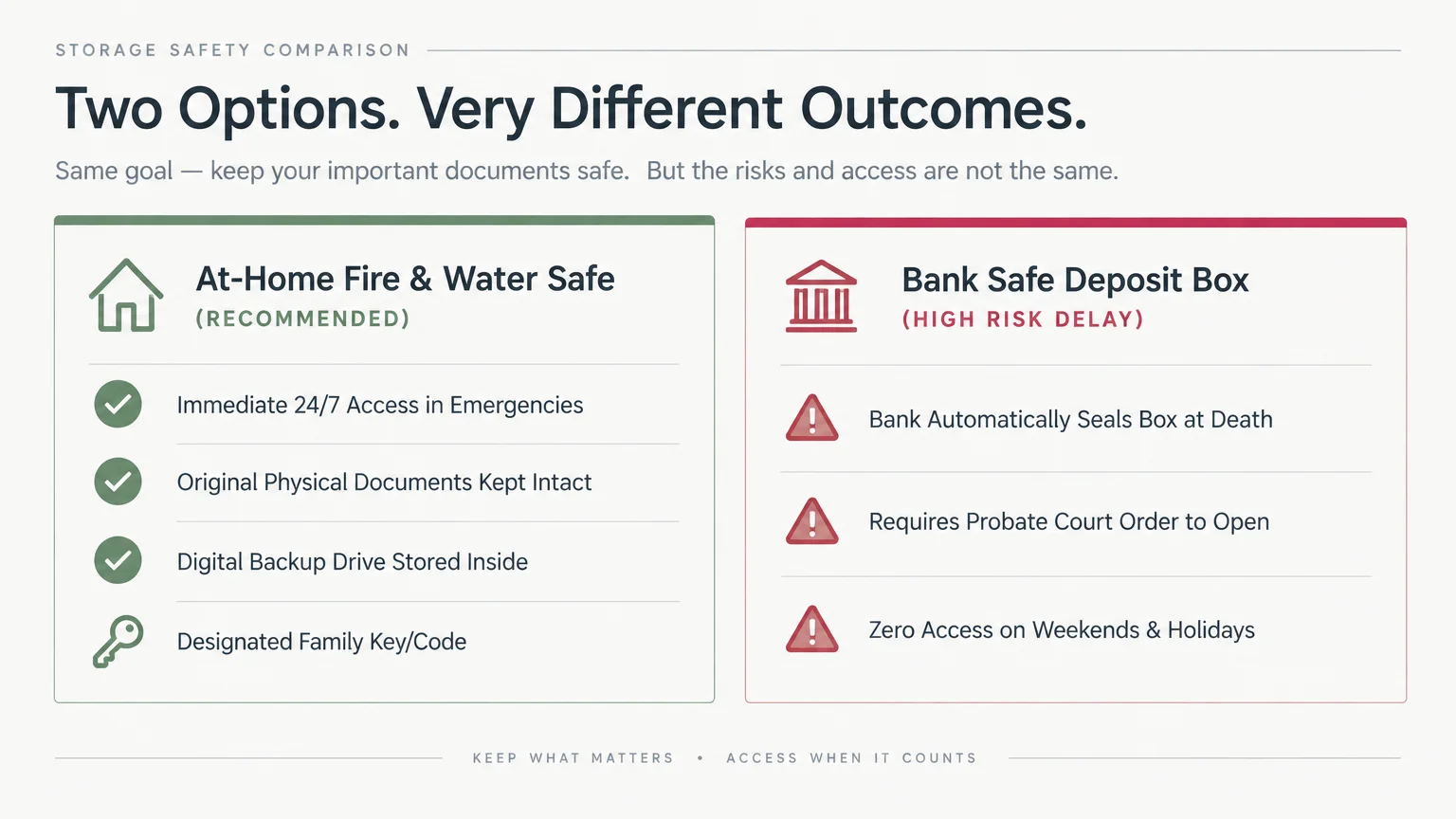 Graphic comparing benefits of an at-home safe against drawbacks of a bank safe deposit box.
