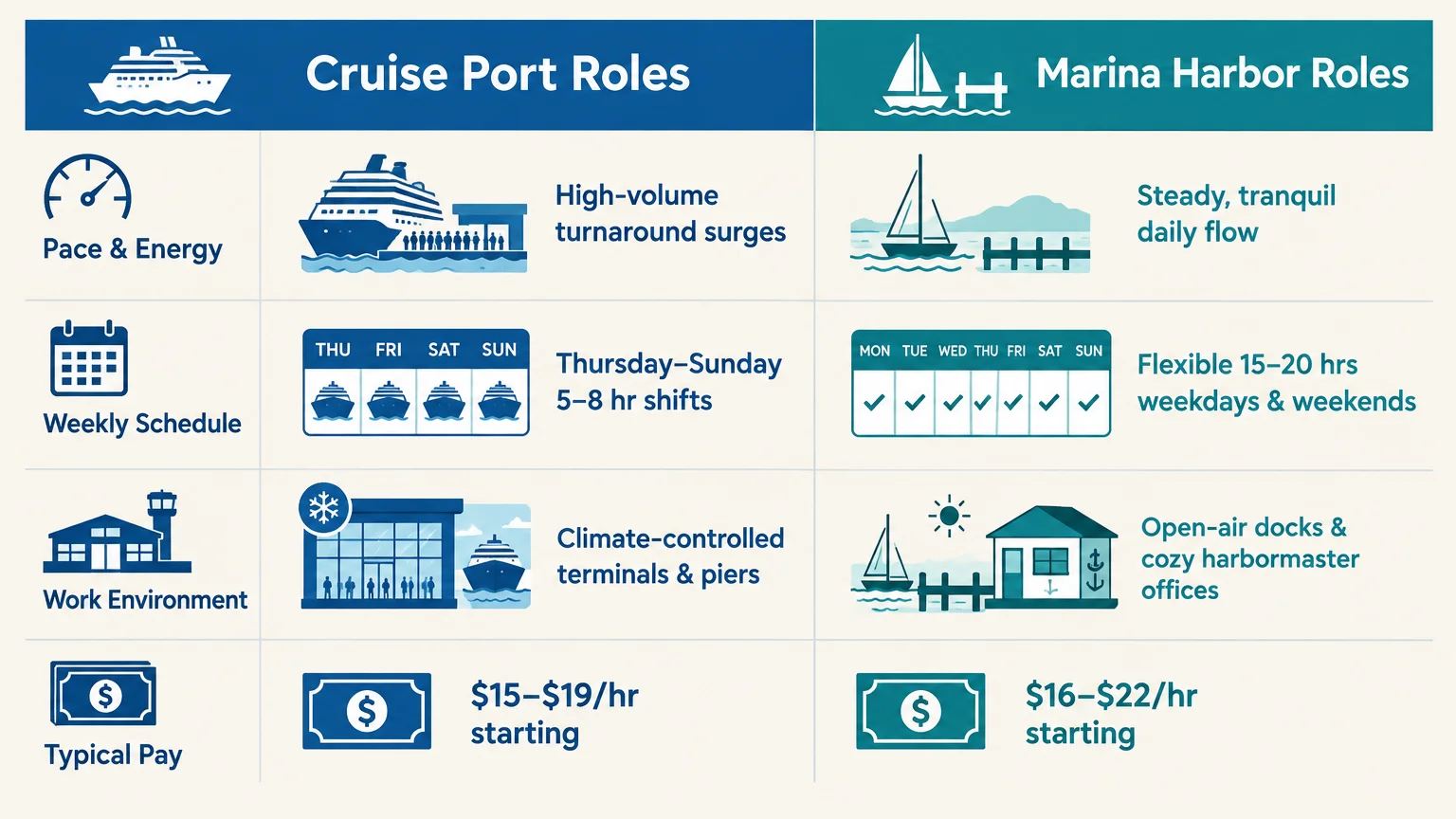 Chart comparing Cruise Port Roles and Marina Harbor Roles across pace, schedule, work environment, and pay.